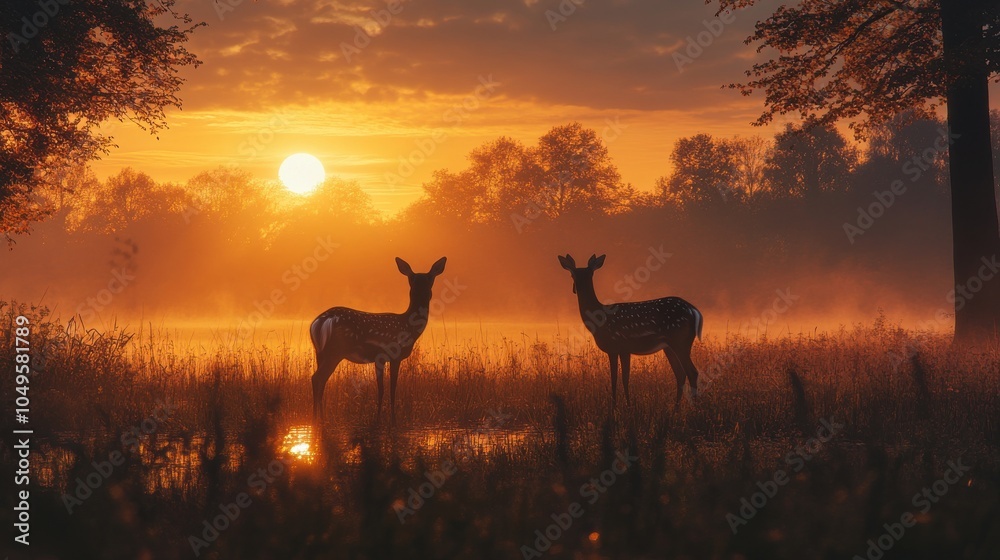Wall mural two deer standing in a field with a sunset in the background. generative ai
