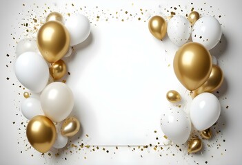 Gold and white balloons with confetti on a white background, create a festive frame.