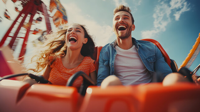 A couple is riding a roller coaster and laughing