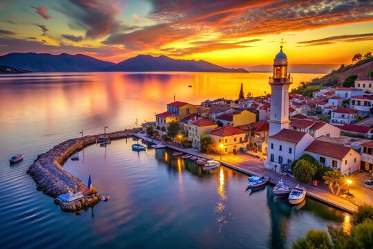Aerial View of Gytheio Town in Peloponnese with Lighthouse, Coastal Houses, Chapel, and Boats - Long Exposure