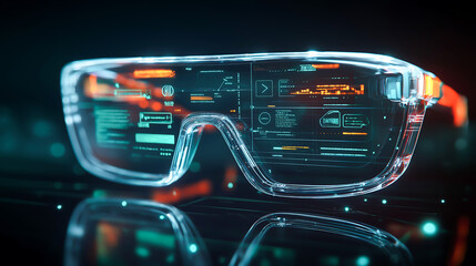 Obraz premium A high tech smart glasses with a transparent futuristic interface displaying glowing information, The smart glasses