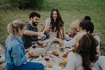 A group of multiracial friends enjoys a cozy picnic, sharing laughter and wine in a lush grassy setting. The cloudy day adds a serene ambiance to their cheerful gathering in nature.