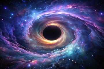 Obraz premium Dark and mysterious galaxy with a large central black hole surrounded by swirling purple and blue gases, astronomy, gas clouds, cosmic vortex