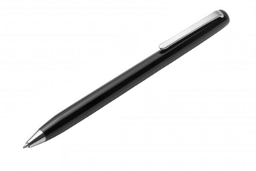 A sleek black pen lies at an angle against a black background, showcasing its elegant design and shiny clip.