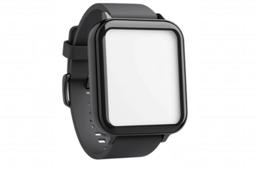 A sleek, modern smartwatch with a rectangular design and a black strap, showcasing a minimalist aesthetic.
