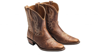 Stylish brown cowboy boots with intricate stitching on a black background, showcasing a classic Western design.