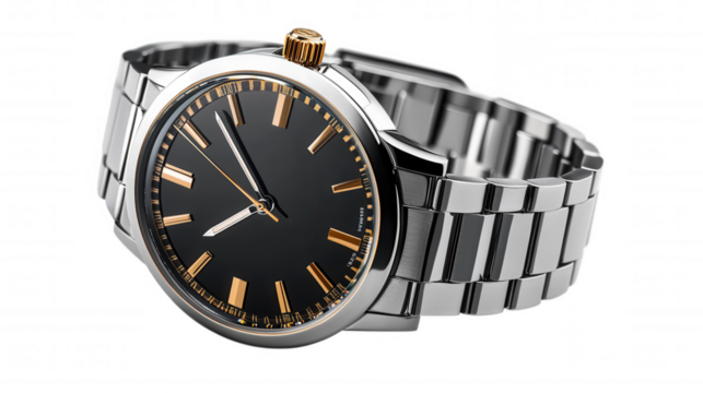 A sleek, modern watch with a black face and gold accents, featuring a stainless steel band and a classic design.