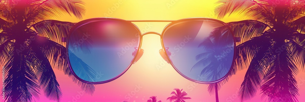 Aufkleber a vibrant sunset showcases the silhouettes of sunglasses against a backdrop of palm trees and a beau