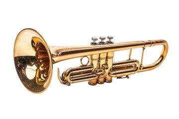 Obraz premium A shiny brass trumpet with three valves, showcased against a black background, highlighting its sleek design and musical potential.