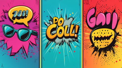 Fototapeta premium Collection of pop art retro comic speech bubbles with cool! text expression. Pop Art Comic. Illustration