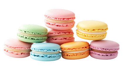 Fototapeta premium Colorful macarons stacked in a tempting arrangement, showcasing a variety of pastel shades against a black background.