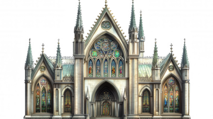 A stunning Gothic-style cathedral with intricate stained glass windows and towering spires, set against a dark background.