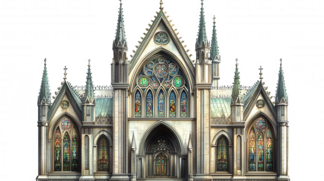 A stunning Gothic-style cathedral with intricate stained glass windows and towering spires, set against a dark background.