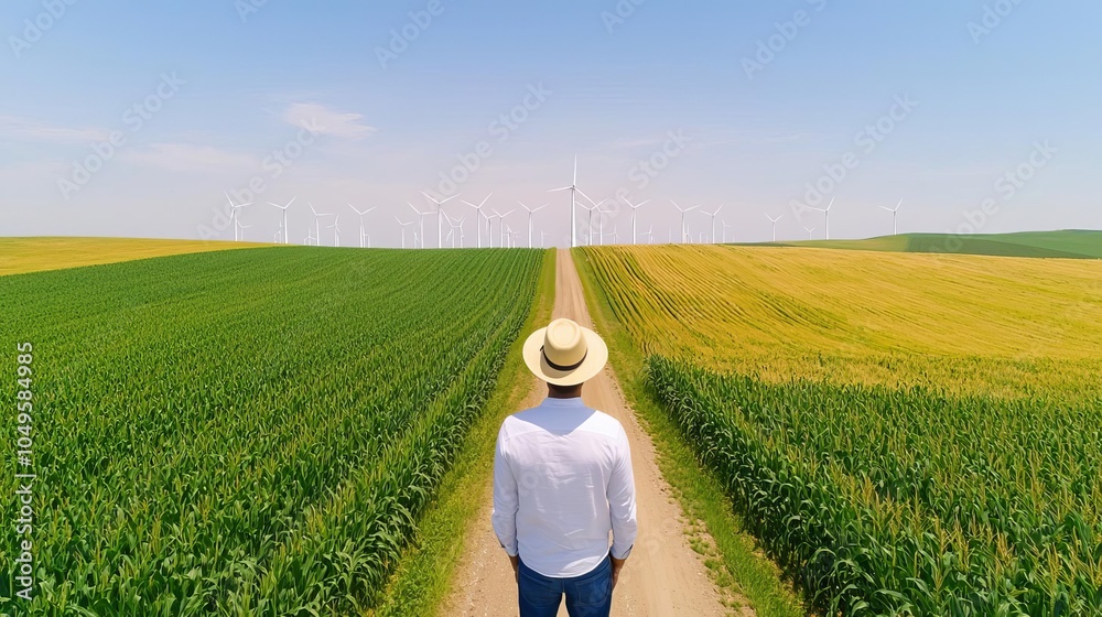 Wall mural a person wearing a straw hat stands on a pathway between green and golden fields, with wind turbines