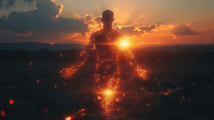 Energy-Infused Silhouette at Sunset with Glowing Wings in Mountains