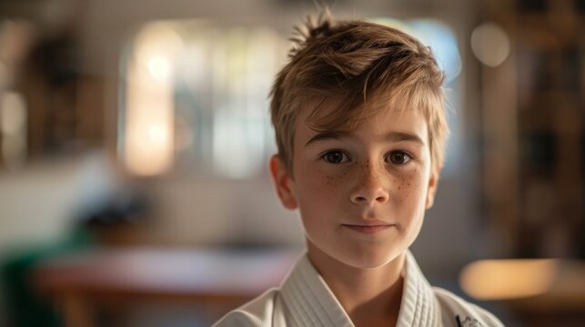 Young boy practices jujitsu in training center during afternoon class at a martial arts dojo