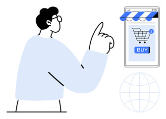 A person is pointing at a mobile device with a shopping cart icon and a BUY button on the screen. Ideal for e-commerce, online shopping, mobile apps, digital marketing, retail technology. Simple