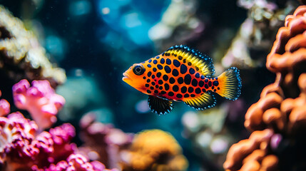 Obraz premium A brightly colored fish with black spots swims among coral in a clear blue ocean.
