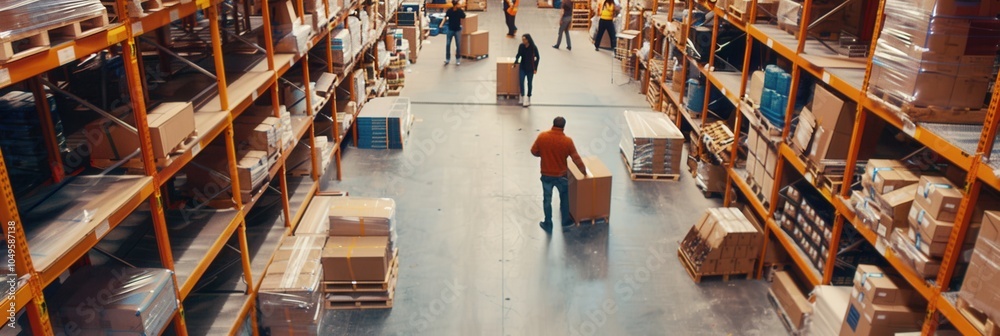Poster workers are actively moving boxes and pallets in a bustling warehouse with shelves full of various g