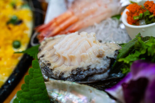 close-up of the abalone sashim