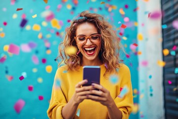 Fototapeta premium Joyful woman celebrating with colorful confetti and bright decorations while checking her phone