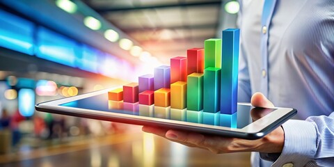 Business Data Analysis: Hand Holding Tablet with Rising Bar Graph in Tilt-Shift Photography