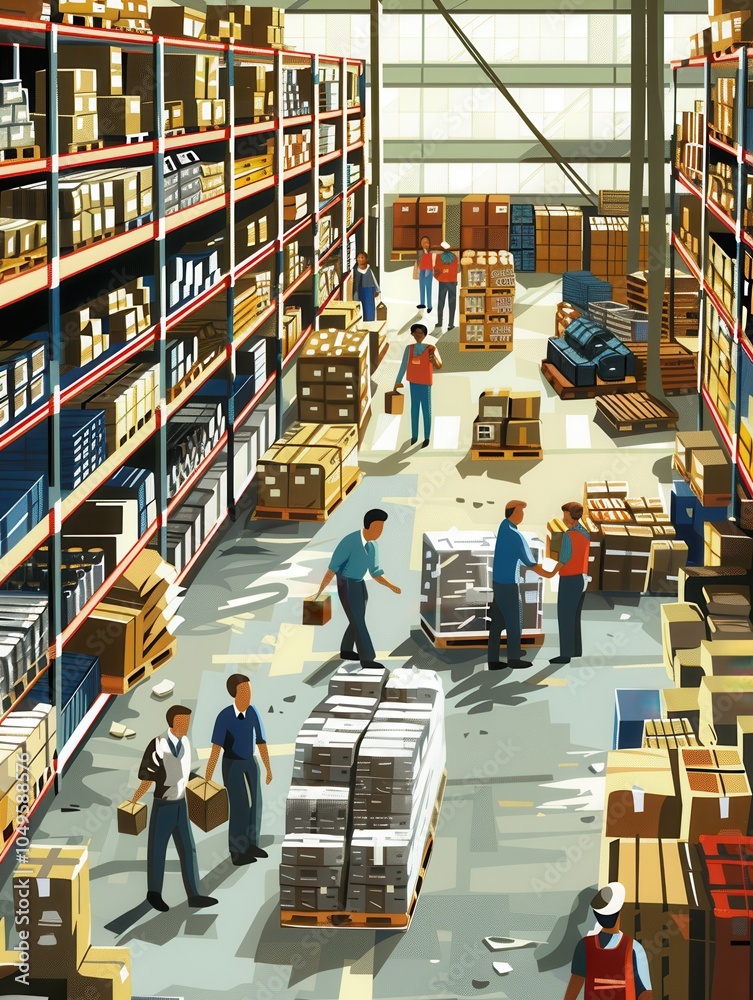 Aufkleber several workers transport boxes and pallets throughout a bustling warehouse stacked with shelves of 