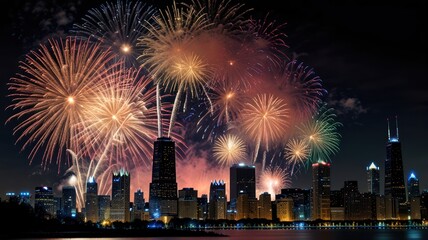 A vibrant fireworks display explodes over the Chicago skyline at night. The city's skyscrapers are silhouetted against the colorful pyrotechnics, creating a stunning and festive scene.