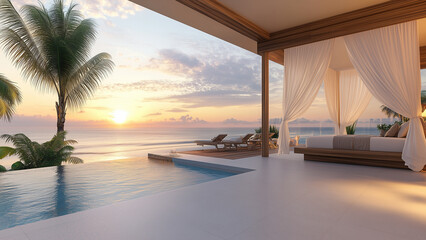 Obraz premium Luxurious Oceanfront Villa at Sunset - Ultimate Tropical Paradise Retreat