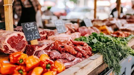 Obraz premium Lively Market Scene Featuring Butcher Vendors