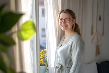 Young Woman, Bathed in Sunlight, Opens Curtains to a New Day, Feeling Refreshed and Inspired