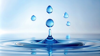 A series of blue droplets fall gently, leaving trails of liquid on a smooth white background, emphasizing the beauty of simplicity, clear background,