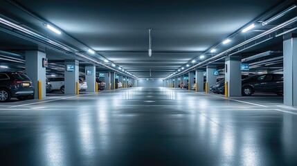 Modern Underground Parking Garage with Rows of Parked Cars