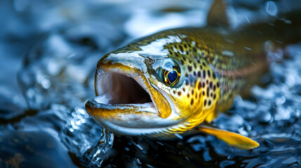 A close-up of a brown trout leaping out of the water with its mouth open.