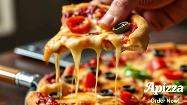 Show a hand grabbing a fresh gooey slice of pizza