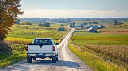 Rural Countryside Road with Pickup Truck and Scenic Farmland Landscape under a Clear Blue Sky on a Sunny Day