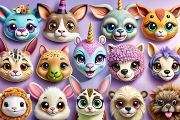 Cartoon Animal Faces Collection of Cute Smiley Unicorn, Bunny, Llama, Sloth, Cat, Leopard, Dog, Owl, Koala for Fun