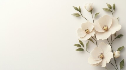 Elegant White Flowers with Green Leaves on Minimalist Background for Nature and Floral Design Concepts