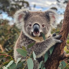 Fototapeta premium Sleepy koala in a eucalyptus tree on a sunny morning.