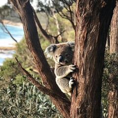 Obraz premium Baby Koala: A cute baby koala, clinging to a eucalyptus tree branch, with soft, fluffy gray fur.