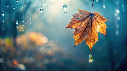 A lone leaf dripping with rainwater in a misty garden, garden scene, plant life