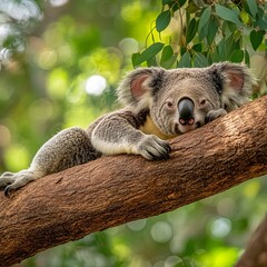 Fototapeta premium Koala on the smooth bark of a big branch under the leaves of a eucalyptus tree in Magnetic Island, Townsville, Queensland, Australia