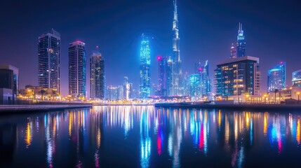 Fototapeta premium Dramatic Night View of Financial District Skyline