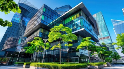 Urban Oasis: Ecological Landscaping with Green Trees in Business Center Area in Front of Modern Office Building