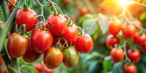 Obraz premium A group of ripe red tomatoes hanging from the branches of a healthy tomato plant, plant, fruit, leafy greens
