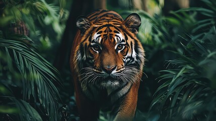 Fototapeta premium Tiger Prowling Through Dense Jungle Environment
