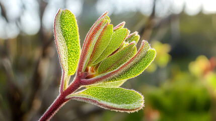 A close-up of a green plant with red stems and leaves.