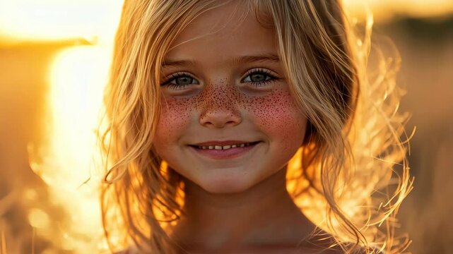 A young girl with blonde hair and freckles smiles at the camera during golden hour
