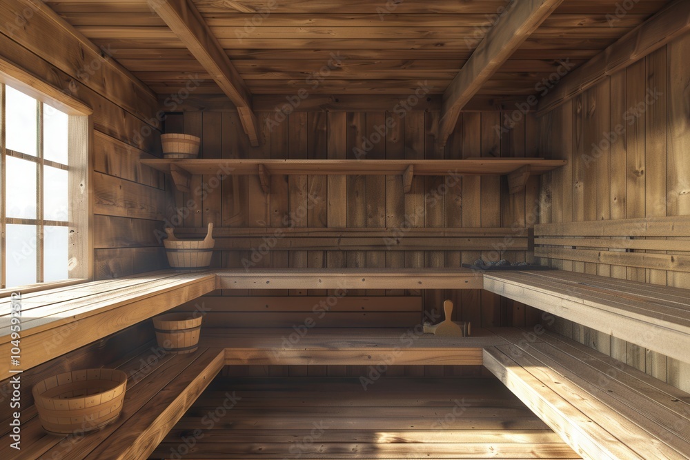 Poster relax in a warm and inviting traditional wooden sauna, featuring natural light and rustic design ele