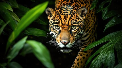 Obraz premium Jaguar Lurking in Shadows of Rainforest Greenery